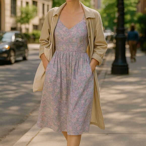 Vintage Handmade Floral Cross Back Dress – Pastel Purple Print, Retro Full Skirt - Picture 1 of 10